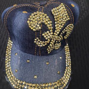Denim Gold Rhinestone Fleur De Lis Hat
